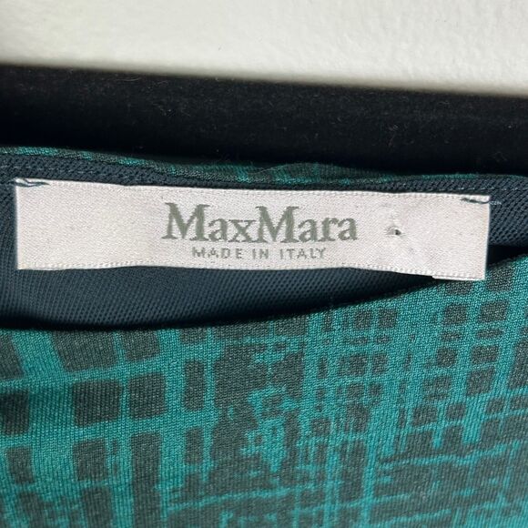 MAX MARA Teal Jersey Draped Gathered Waist Faux Wrap Dress Black Geo Print US 6 - Picture 10 of 13